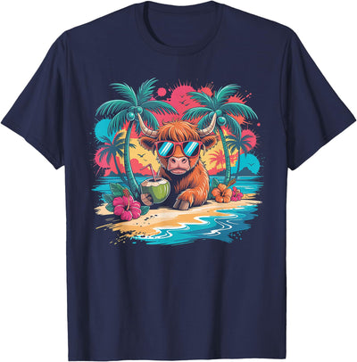 Tropical Highland Cow Summer Vibes Funny Beach T-Shirt