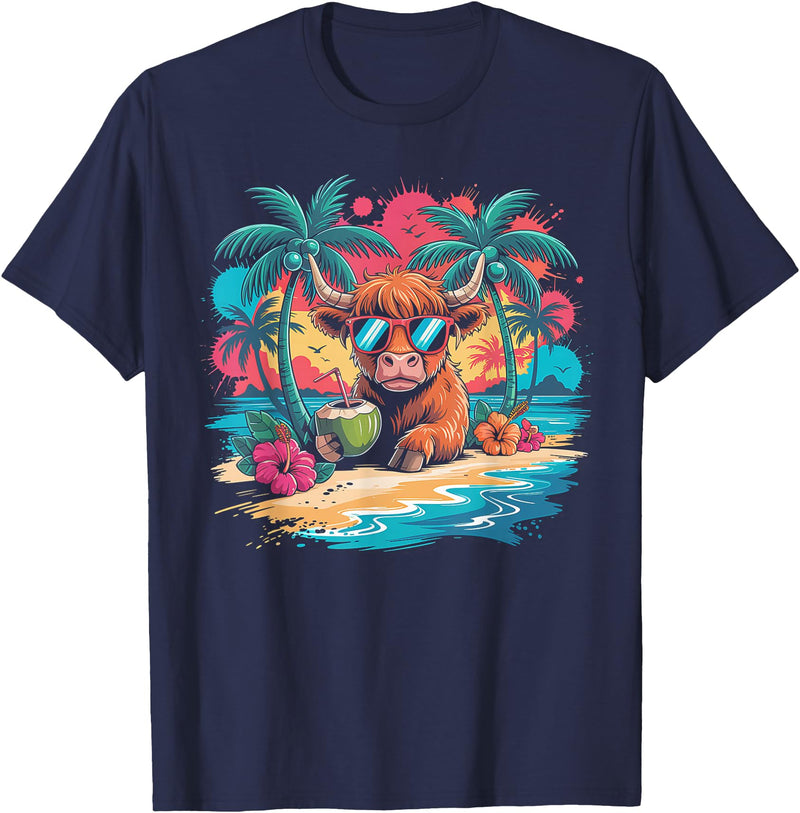 Summer Vibes Highland Cow Funny Beach Vacation Tee Tropical Highland Cow Summer Vibes Funny Beach T-Shirt - Navy Blue