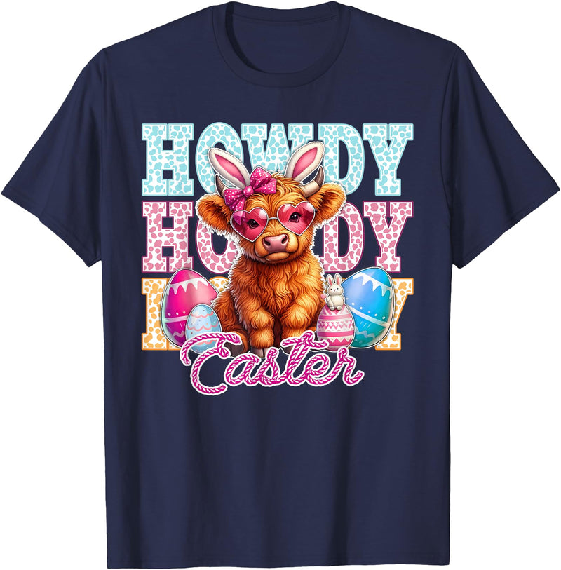 Highland Cow Easter Cute Western Farm Apparel Howdy Easter Cute Highland Cow Bunny Ears Western Easter T-Shirt - Navy Blue
