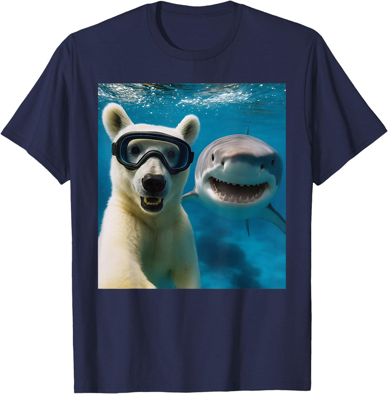 Selfie Polar Bear and Shark Summer Scuba Diving Funny Polar Bear Selfie with Shark Ocean Lovers T-Shirt - Navy Blue