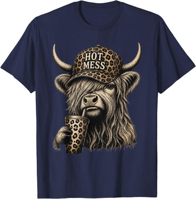 Hot Mess Highland Cow Leopard Print Hat Straw Cup T-Shirt