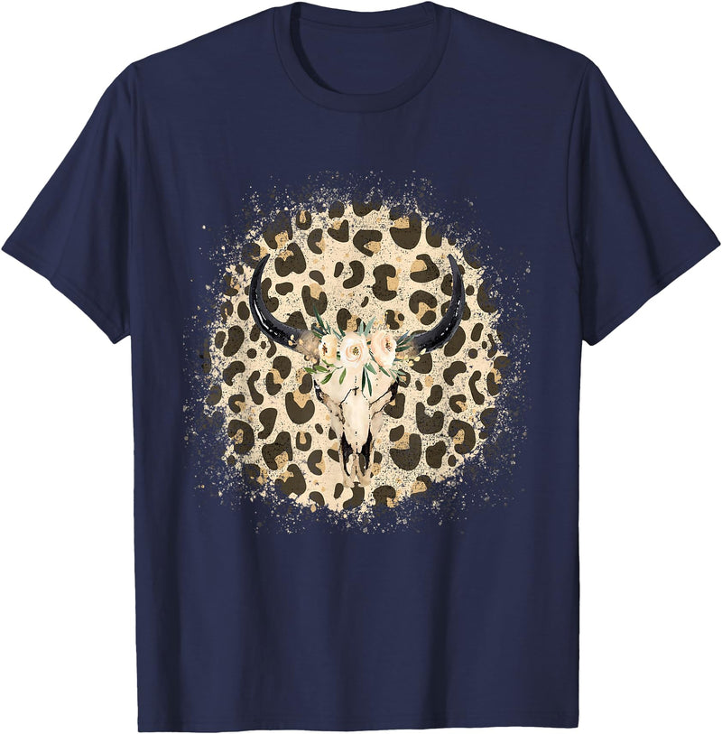 Funny Leopard Cow Skull designs Funny Leopard Cow Skull print Flower Rustic Turquoise T-Shirt - Navy Blue