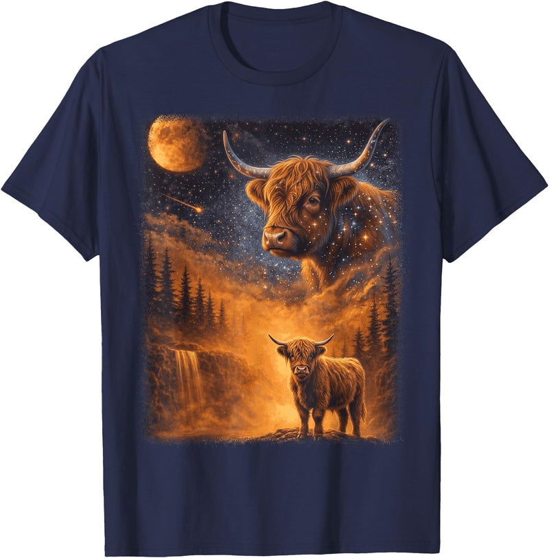 Highland Cow Lover Design For Men Women Kids Highland Cow Howling to The Moon Funny Meme 90s Animal Lover T-Shirt - Navy Blue