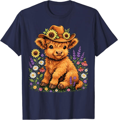 Floral Highland Cow Farm Animal Cute with Flowers and Cowboy T-Shirt