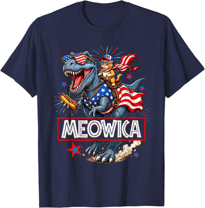 4th of July shirts for Men Women Kids Meowica Cat Dinosaur TRex 4th of July Patriotic Toddler Boys T-Shirt