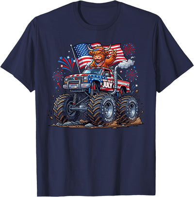 Women Monster Truck Cow Highland Usa Patriotic 4th of July T-Shirt