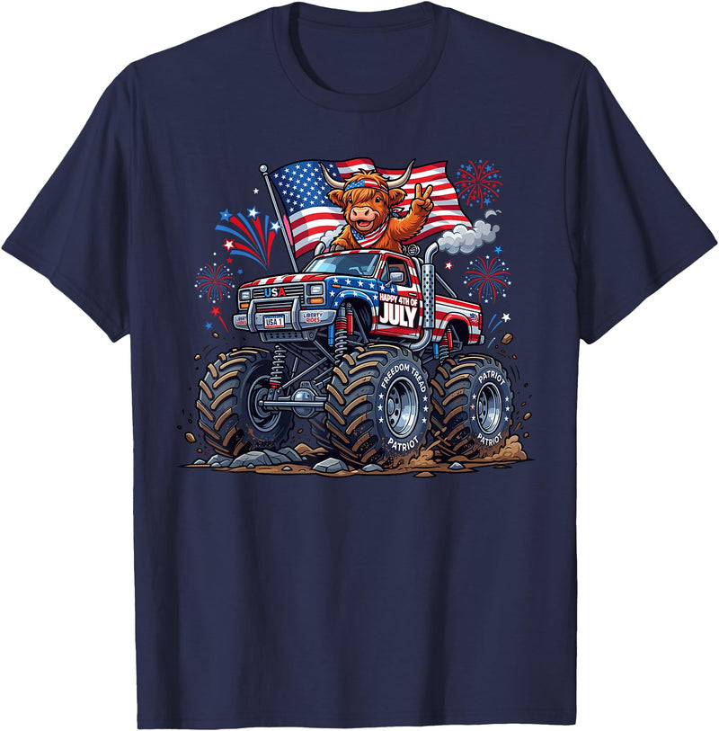 Patriotic 4th Of July Usa Shirt For Men Women Monster Truck Cow Highland USA Patriotic Shirt 4th of July T-Shirt - Navy Blue
