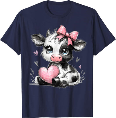 Cute Baby Cow with Pink Coquette Bow Holding Heart T-Shirt