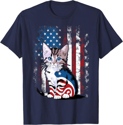 Cat Lover Gift Co. Memorial Day Cat Funny Kitten 4th of July Patriotic Usa Flag T-Shirt