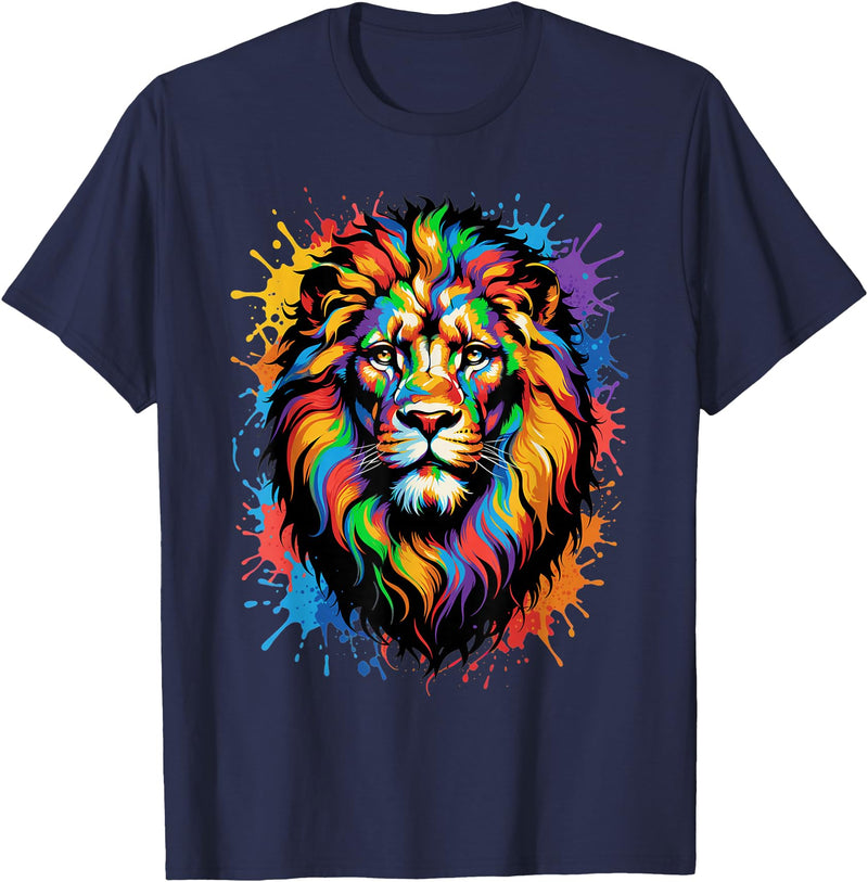 Colorful Lion Wildlife Lover Colorful Lion Face Paint Splash Art T-Shirt - Navy Blue