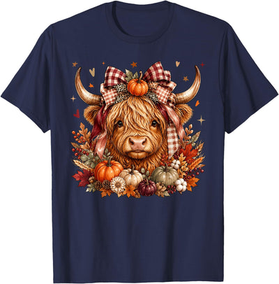 Highland Cow Pumpkin Coquette Bow Autumn Fall Cute Western T-Shirt
