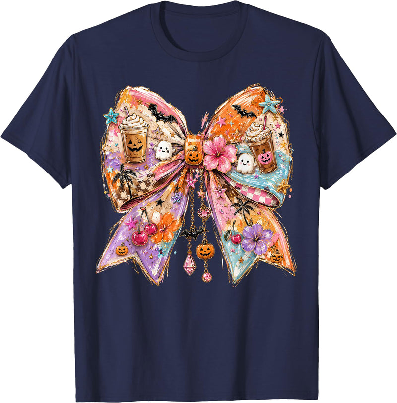 Summerween Tees NYC Summerween Bow Coquette Summer Halloween Ghosts Beach Coffee T-Shirt - Navy Blue
