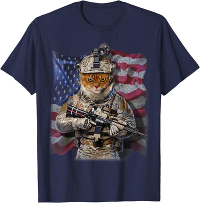 Fox Republic Design USA America Patriot Tabby Cat as Army Commando T-Shirt