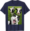 deep impression Funny Black and White Cat Cow Selfie T-Shirt - Navy Blue