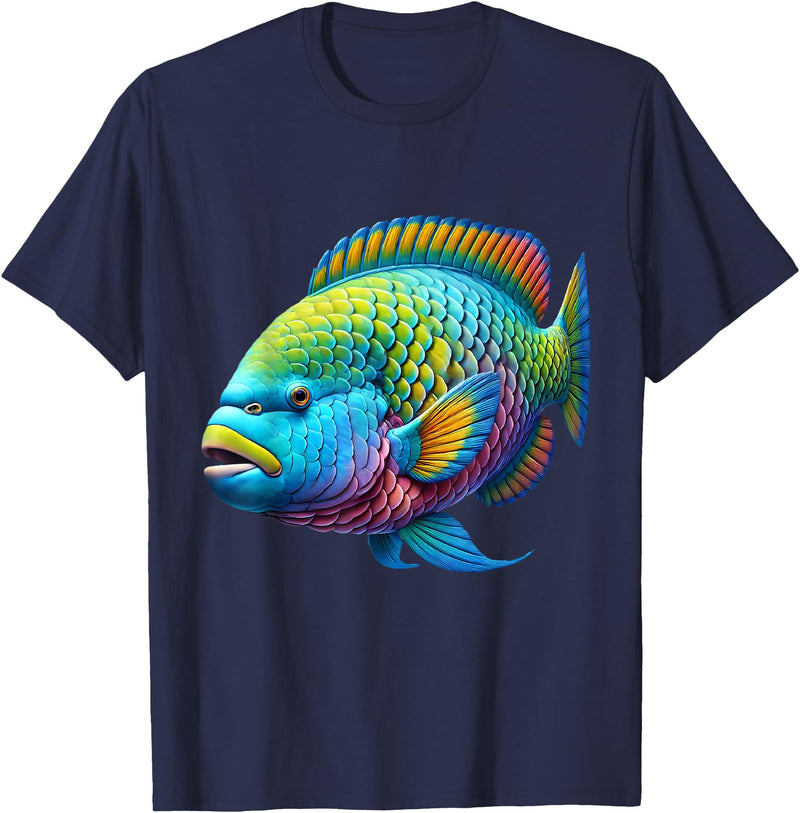 Parrotfish Lover Gifts and Apparel Multicolor Parrot Tropical Fishing T-Shirt, Unisex-Adults, Short Sleeve, T-Shirt, Small - Navy Blue