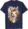 Llama Bloom Studio Cute Llama Floral Crown Watercolor Animal Art T-Shirt - Navy Blue