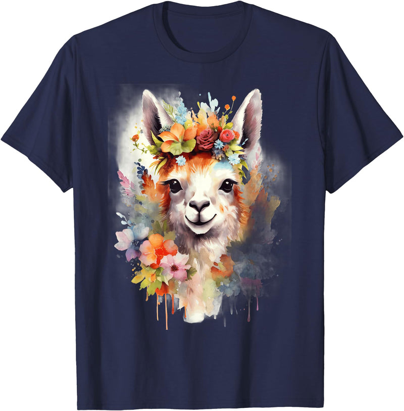 Llama Bloom Studio Cute Llama Floral Crown Watercolor Animal Art T-Shirt - Navy Blue