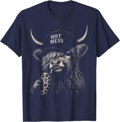 Hot Mess Highland Cow Funny Cute Coffee Lover Leopard Coffee T-Shirt