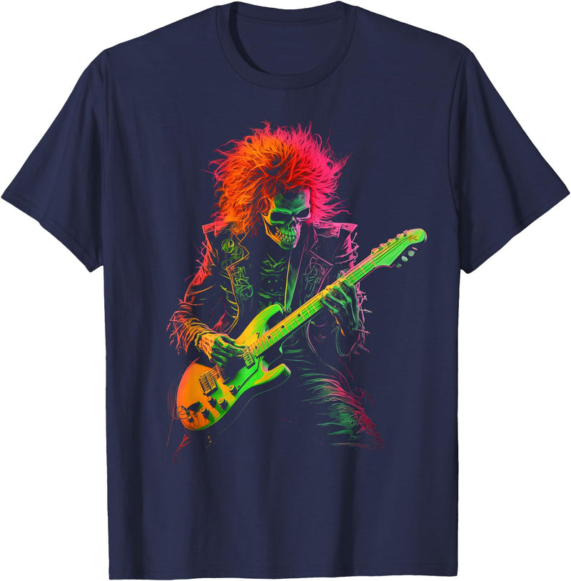 Rock Metal Skeleton Graphic Tees Skeleton Graphic Tee Playing Guitar Rock Band Halloween T-Shirt - Navy Blue