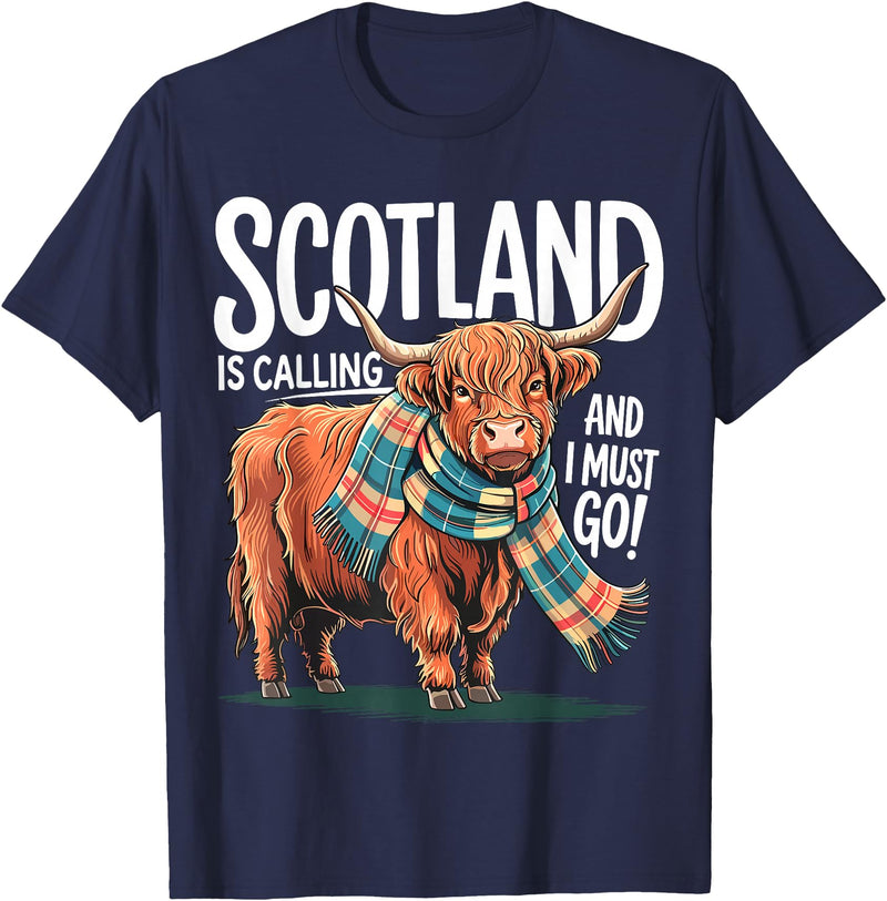 Funny Scottish Highland Cow Scotland is Calling and I Must go Scottish Highland Cow T-Shirt - Navy Blue