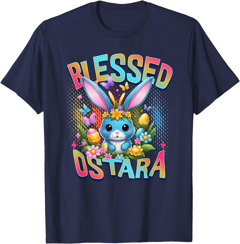 Blessed Ostara Cute Rabbit Bunny Floral T-Shirt in Navy Blue