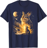 Bunny Howling to the Moon Vintage 90s Animal Easter Day T-Shirt in Navy Blue