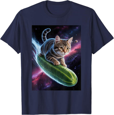 Cool Galaxy Cosmic Cat Flying Pickle Cucumber Cat Riding a Cucumber Pickle in Space Astronaut Kitten T-Shirt