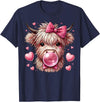 Highland Cow Land of NYC Highland Cow Valentines Blowing Bubble Bubblegum Hearts Bow T-Shirt - Navy Blue