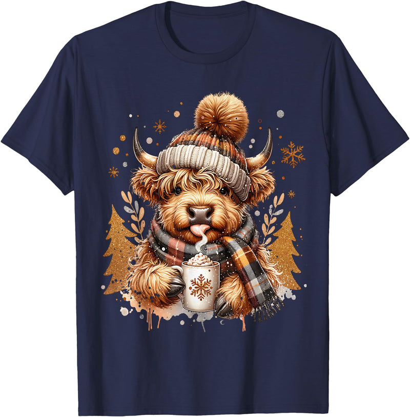 Highland Cow Land of NYC Cute Highland Cow Christmas Trees Winter Hot Cocoa Chocolate T-Shirt - Navy Blue
