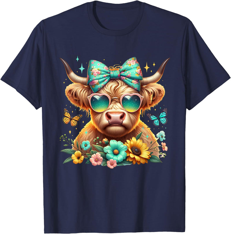 Highland Cow Land of NYC Highland Cow Mama Floral Bow Glasses Butterfly Orange Teal T-Shirt - Navy Blue