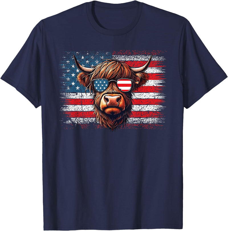 Funny Cute Highland Cow 4th Of July Farmer Gifts Highland Cow American Flag Farm Cow Lover Patriotic Vintage Style T-Shirt -