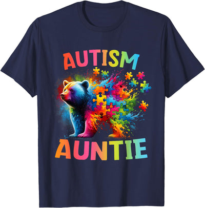 Autism Auntie Colorful Rainbow Auntie Bear Autism Awareness T-Shirt