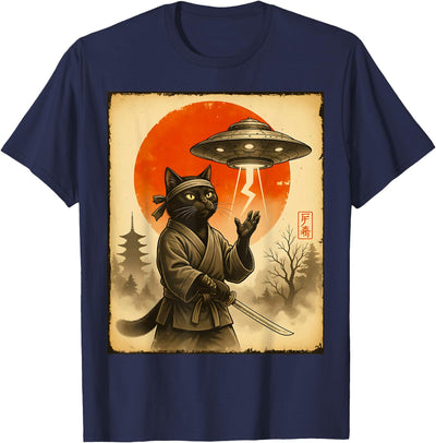 Samurai Whiskers Co. Samurai Black Cat Alien UFO Japanese Warrior Cat Mom Cat Dad T-Shirt