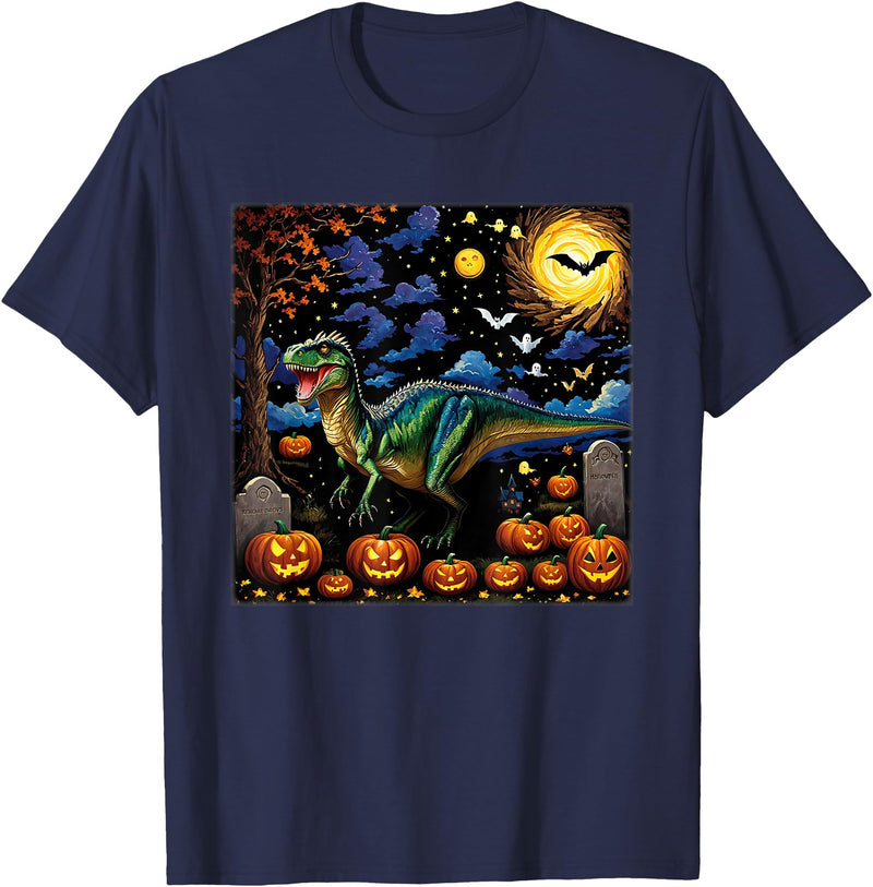 Starry Night Velociraptor Halloween Spooky Halloween Velociraptor Starry Night T-Shirt - Navy Blue