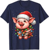Wrapped with Christmas Lights Pig Christmas Lights Santa Hat Xmas Snow T-Shirt - Navy Blue