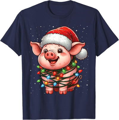 Pig Christmas Lights Santa Hat Xmas Snow T-Shirt