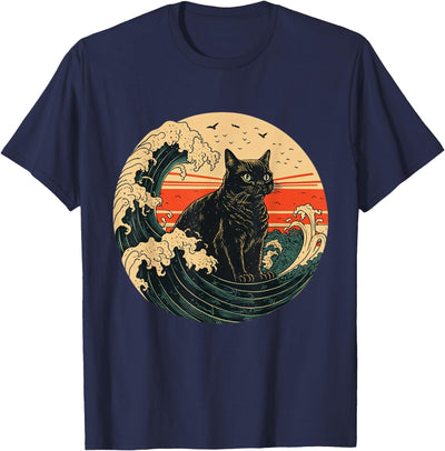 black Cat Japanese Art The Great Wave off Kanagawa Funny Japanese Cat Art The Great Wave off Kanagawa Black Cat T-Shirt