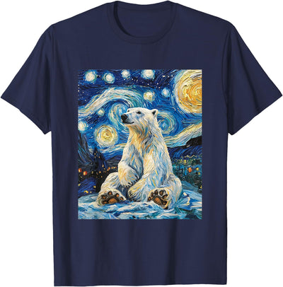 Bear Designs. Cute Polar Bear Van Gogh Style Starry Night Funny Graphic T-Shirt