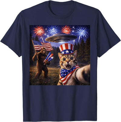4th Of July Cat Bigfoot UFO Fireworks Funny 4th of July Cat Bigfoot UFO Men Women Kids T-Shirt