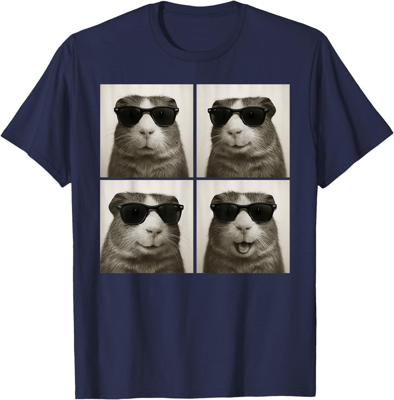 Retro Guinea Pig Portrait with Sunglasses Funny Guinea Pig Lover Cute Guinea Pig Photo Booth T-Shirt - Navy Blue
