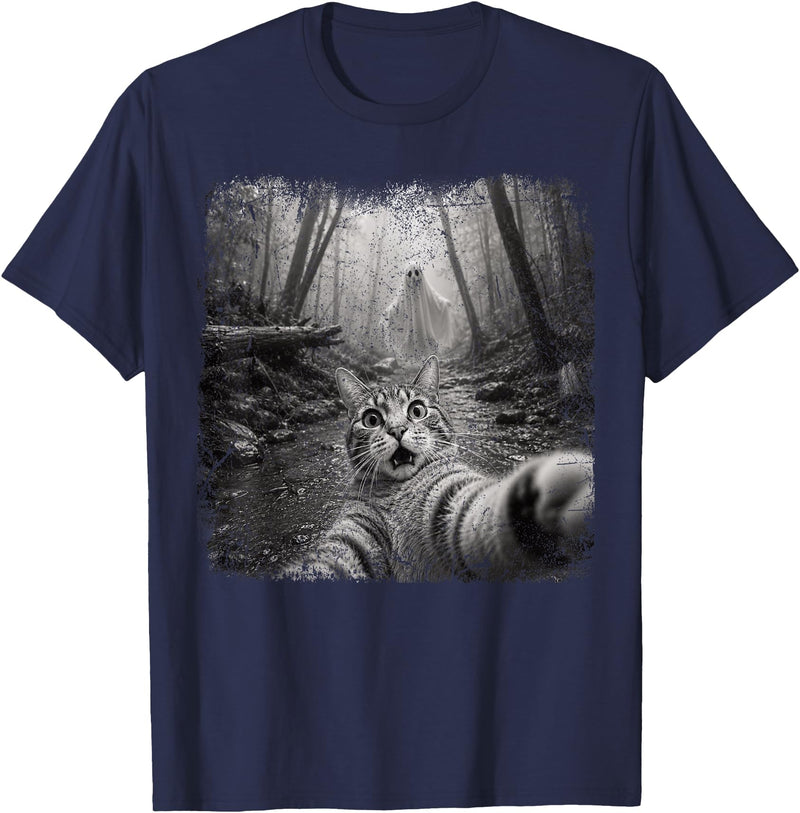 Halloween Ghost Cat Selfie Forest Lat Halloween Ghost Cat Forest Selfie Scared Men Women Kid T-Shirt - Navy Blue