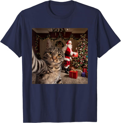 Threadrock Christmas Cat Selfie with Santa Claus Cute Holiday Photo T-Shirt
