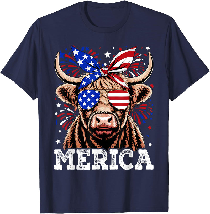 Highland Cow Lover Gift Co. 4th Of July Highland Cow Merica American Farm Men Women T-Shirt - Navy Blue