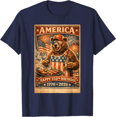Celebrate 250 Years with Fun Bear BBQ Graphic T-Shirt