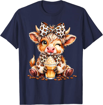 Cute Highland Cow Coffee Addict Leopard Bow Funny Drink T-Shirt
