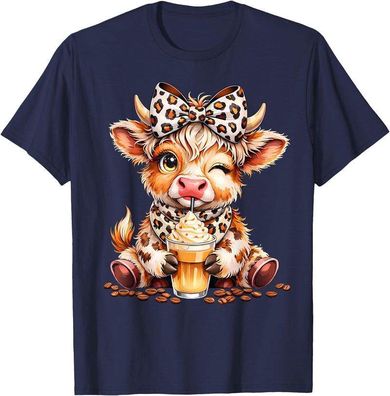 Cute Highland Cow Coffee Addict Leopard Bow Highland Cow Coffee Addict Funny Drink Coffee T-Shirt - Navy Blue