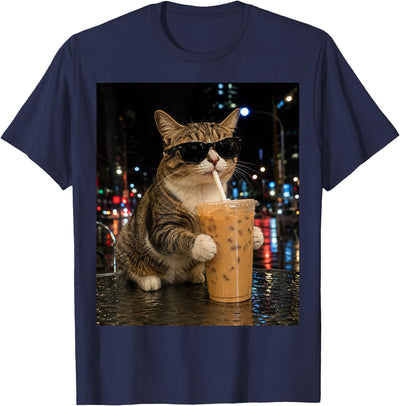 Cat Drinking Iced Coffee Funny Cat Kitten Lover Funny Cat Drinking Iced Coffee Funny Cat Lover Animal Meme T-Shirt