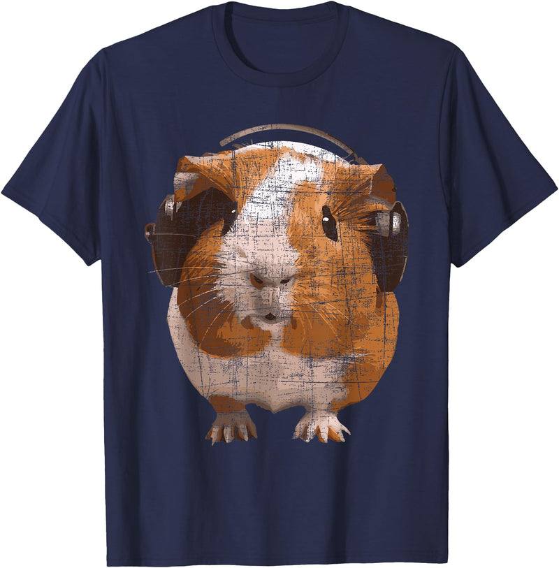 Funny Guinea Pig Shirts Guinea Pig With Big Headphone - Animal Rodent Lover T-Shirt - Navy Blue