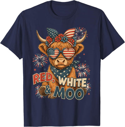 Red White and Moo Highland Cow 4th July 250 Years Patriotic T-Shirt