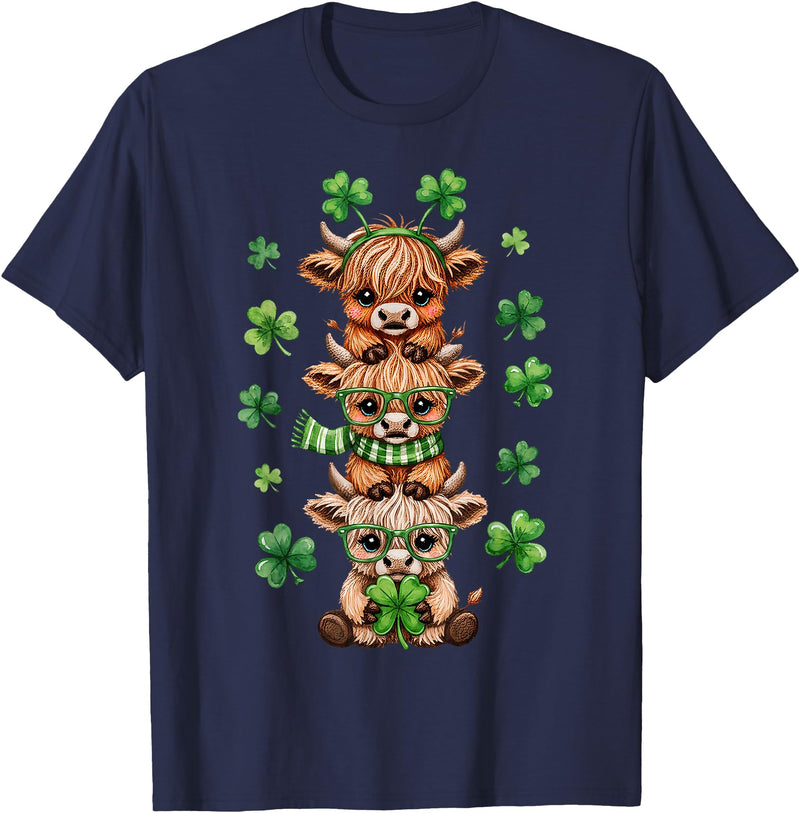 Highland Cow St Paddys Shamrock Men Women Kids Cute Highland Cow Lucky Shamrock St Patrick's Day Party T-Shirt - Navy Blue